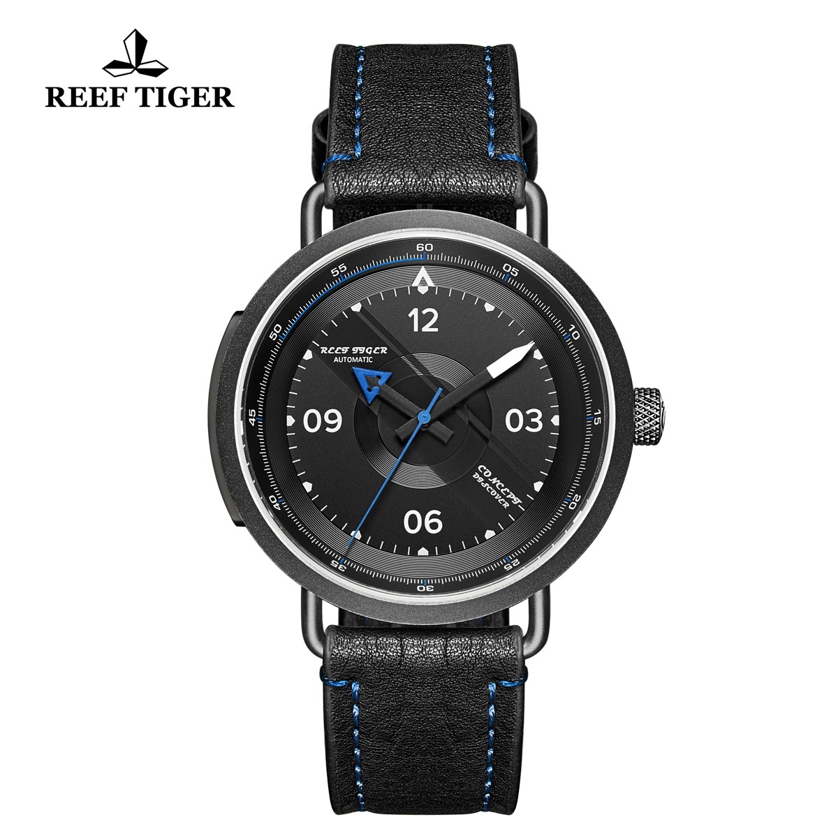 Limited Edition Discover 43mm Blue Pointer Black Dial PVD Black Leather Strap RGA9055-BBL
