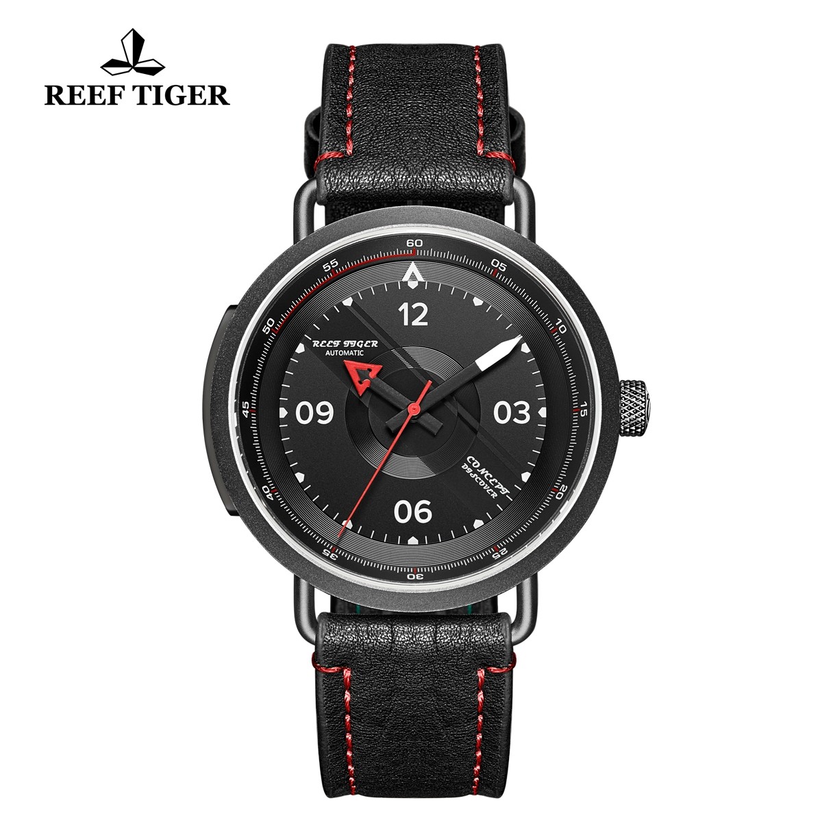 Limited Edition Discover 43mm Red Pointer Black Dial PVD Black Leather Strap RGA9055-BBR