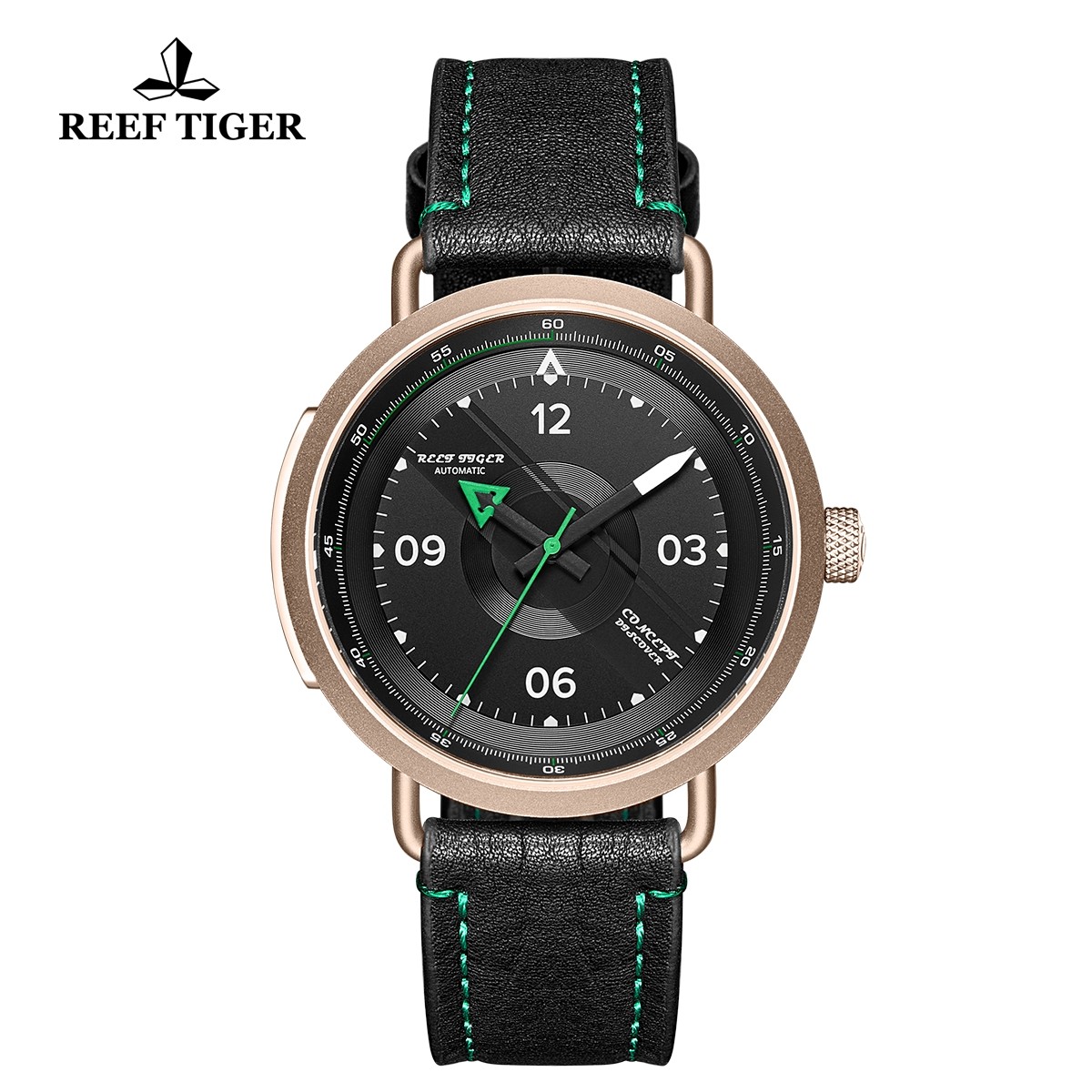 Limited Edition Discover 43mm Green Pointer Black Dial Rose Gold Black Leather Strap RGA9055-PBG