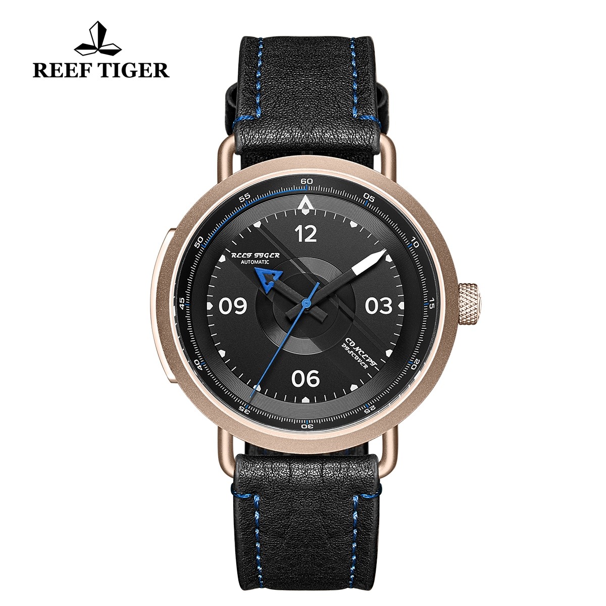 Limited Edition Discover 43mm Blue Pointer Black Dial Rose Gold Black Leather Strap RGA9055-PBL